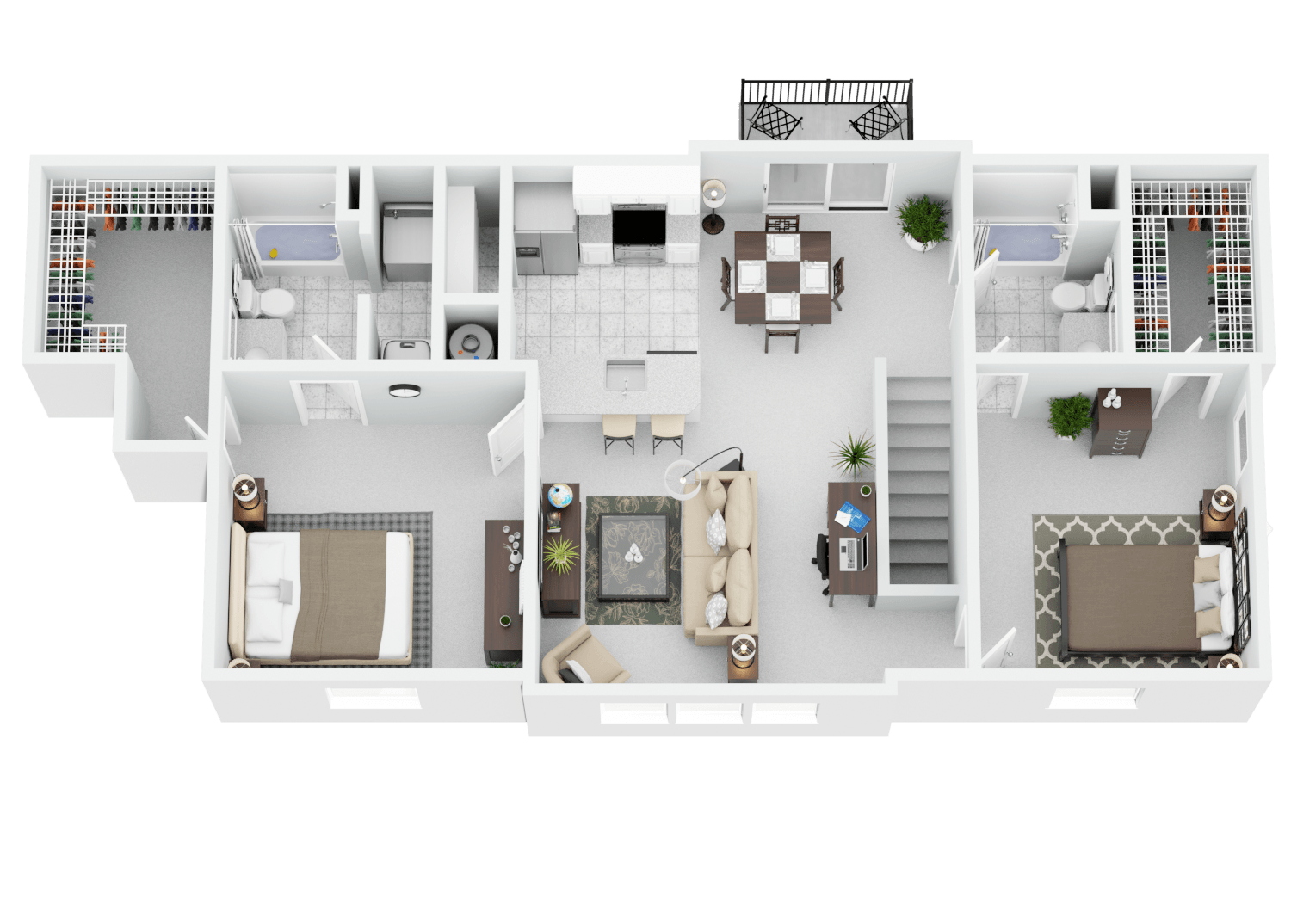 A top-down view of a house layout with a kitchen